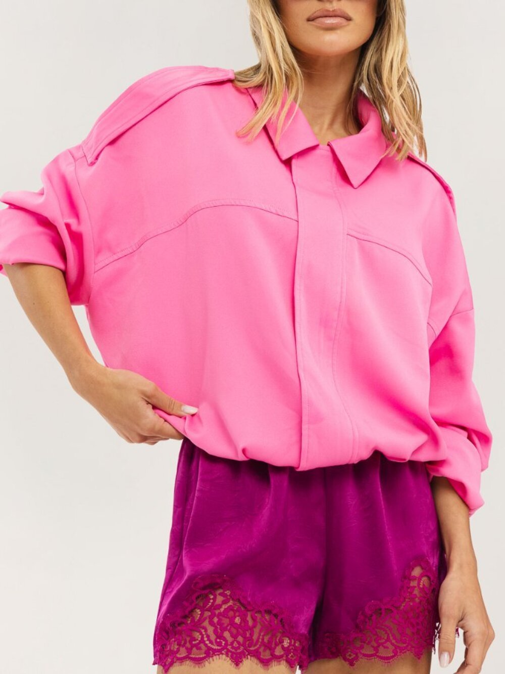 Pink Casual Women's Boxy Collar Detail Jacket